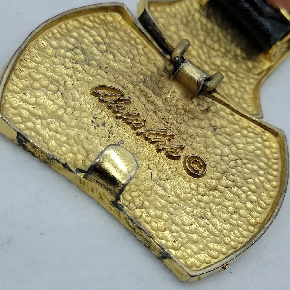 Vtg ALEXIS KIRK Belt Gold Basketweave Buckle Blk Reptile Leather 80s Rare Signed